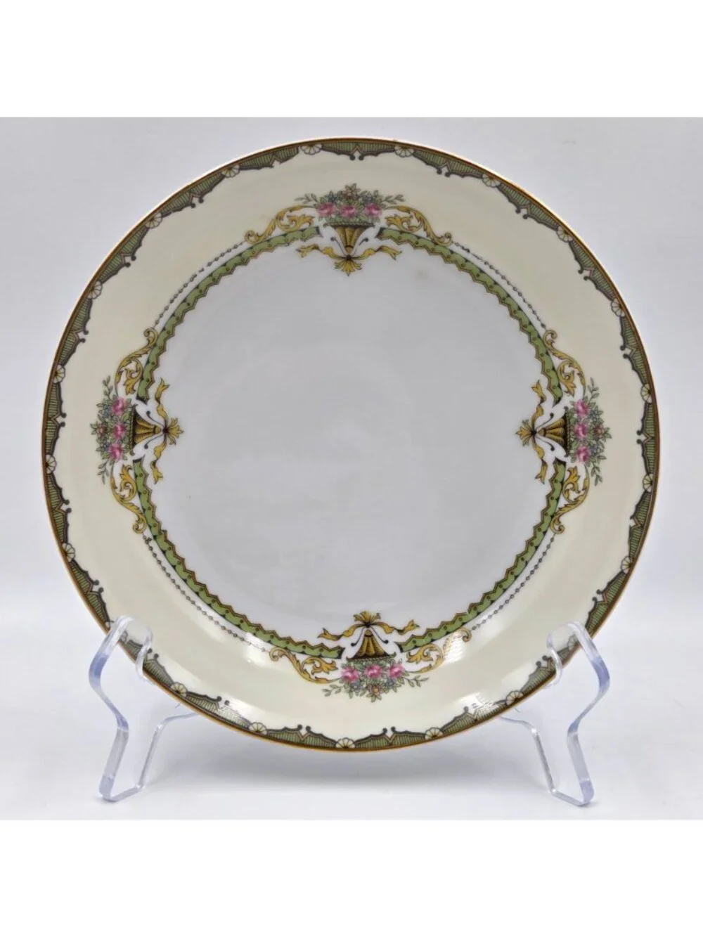 Noritake Penelope Set of 4 Coupe Soup Bowl Green Border Pink Roses Urn Gold Trim